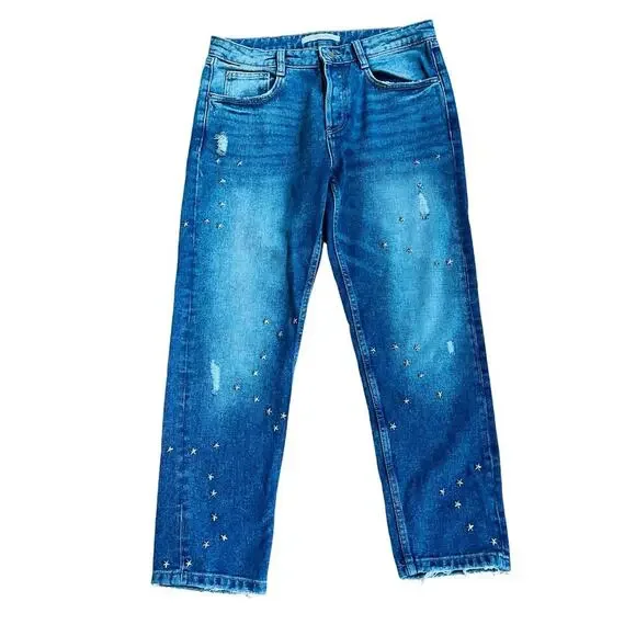 ZARA | Women’s Star Studded Mid Rise Straight Jeans Size 8 Fun Pop Button Fly - Picture 3 of 11